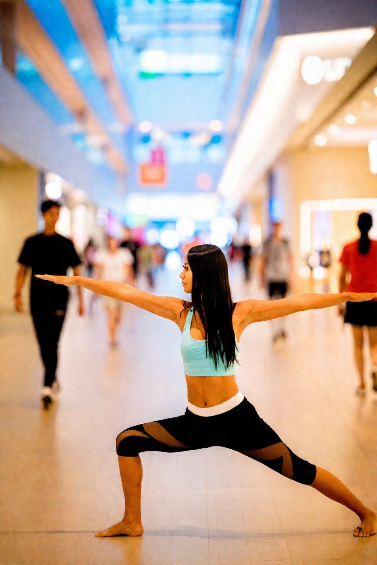 A woman in warrior pose,  indoors,  in a crowded shopping mall on Tensor.Art