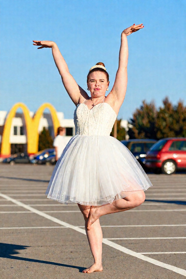 A chubby woman doing a tree pose,  in a McDonald's parking lot,  wearing a wedding dress on Tensor.Art