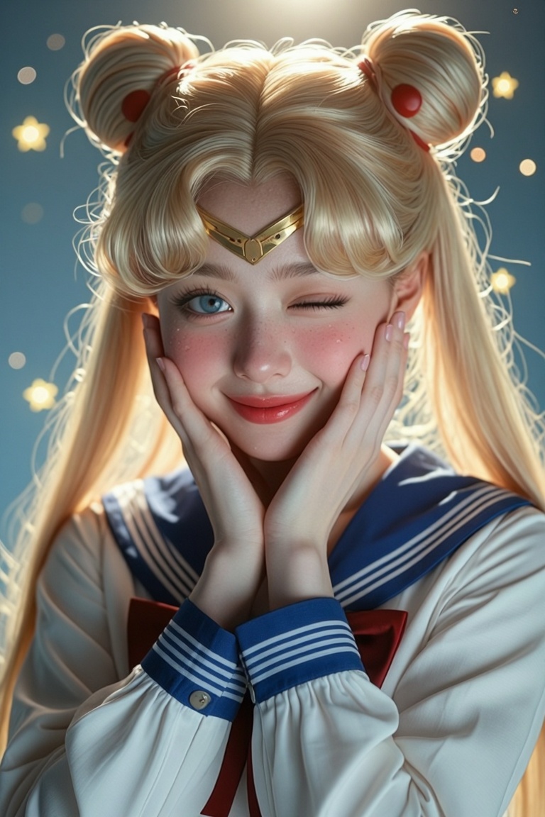 [Subject] The image depicts a cheerful anime-style character with long blonde hair styled into two buns,  each adorned wit...