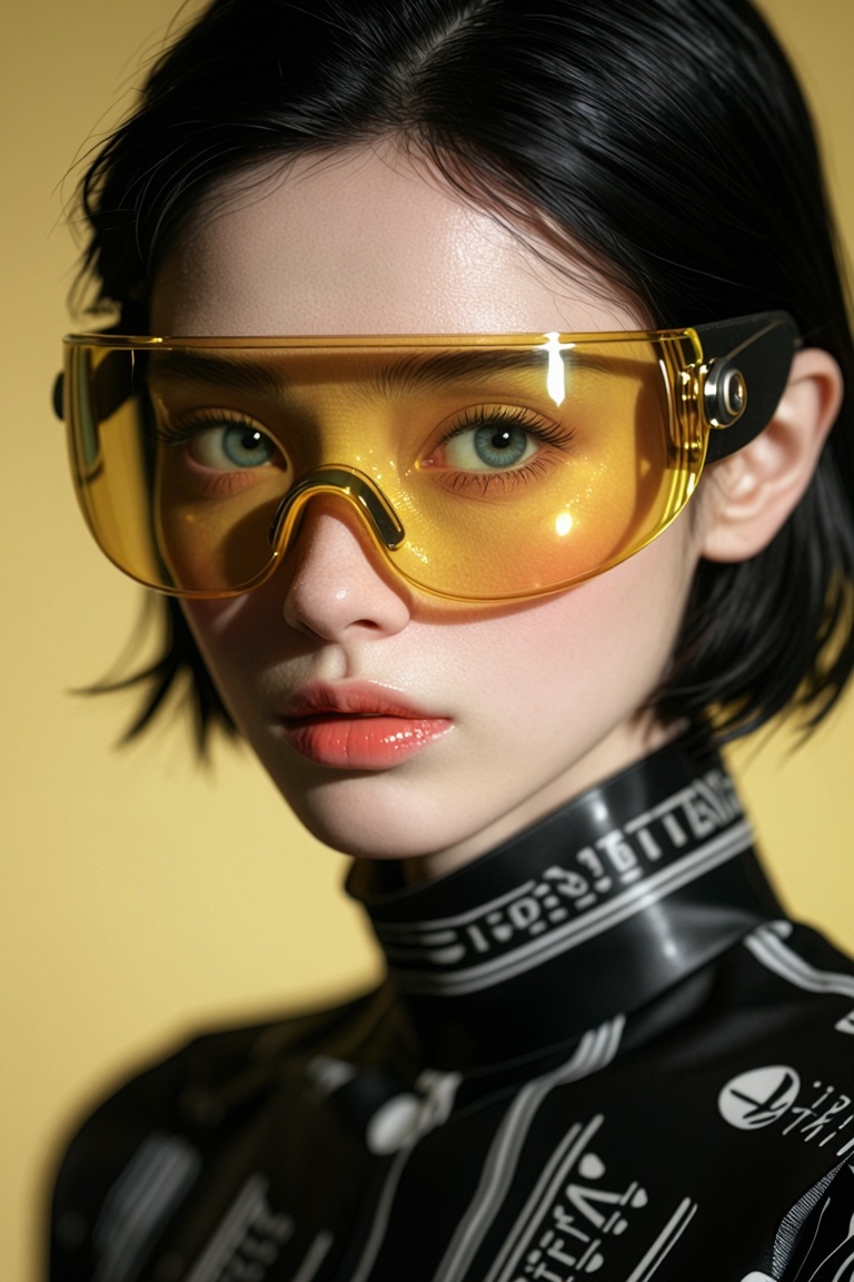[Subject] The image depicts a person wearing futuristic yellow goggles with a high-tech design. The goggles cover the eyes...