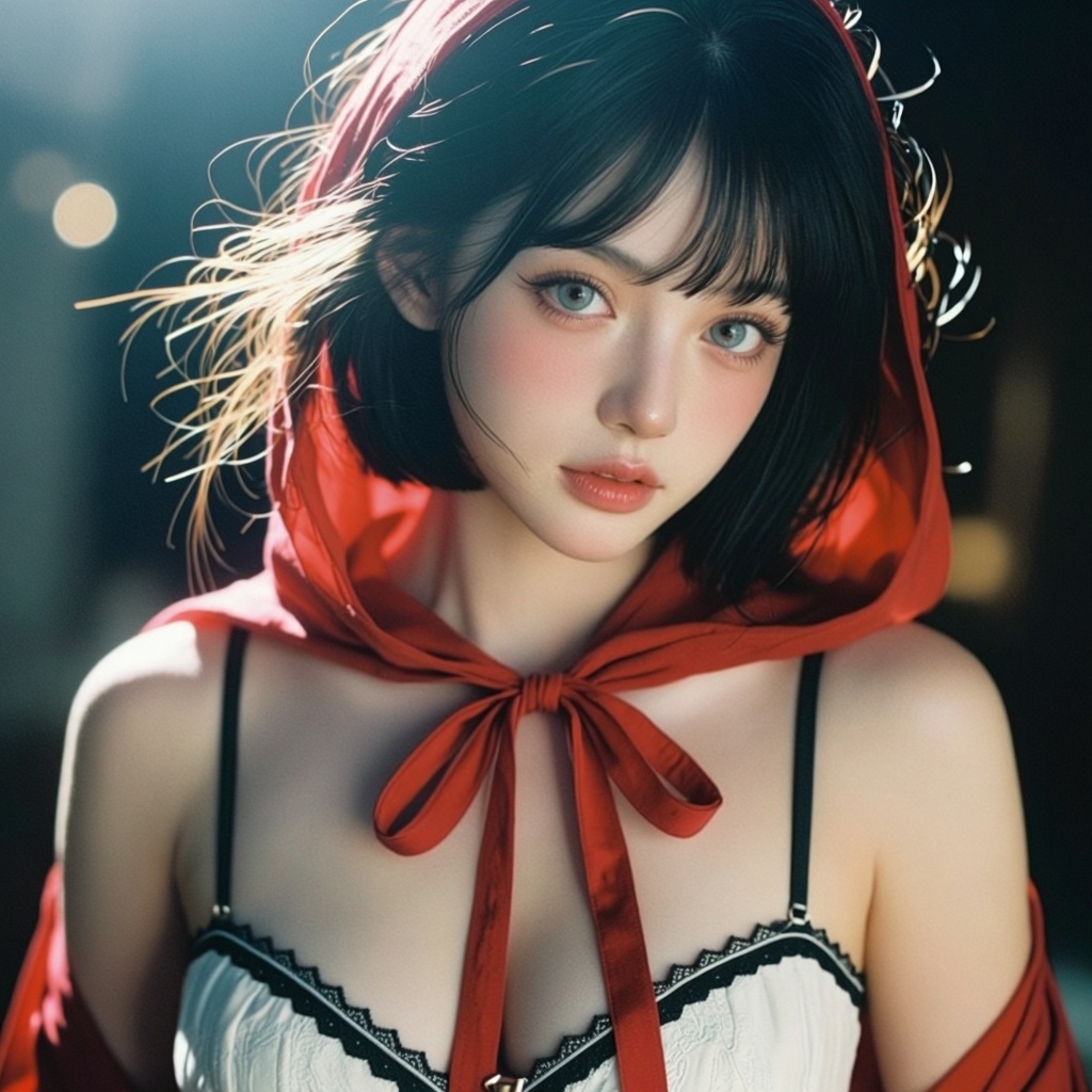 [Subject] The image depicts a stylized,  anime-inspired character with short black hair and a red hooded cloak. The charac...