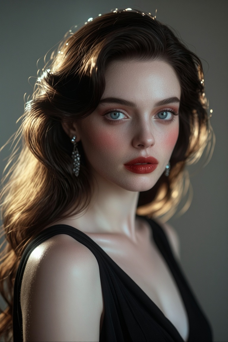 [Subject] The image depicts a woman with long,  wavy brown hair styled in a classic,  elegant manner. She is wearing a bla...