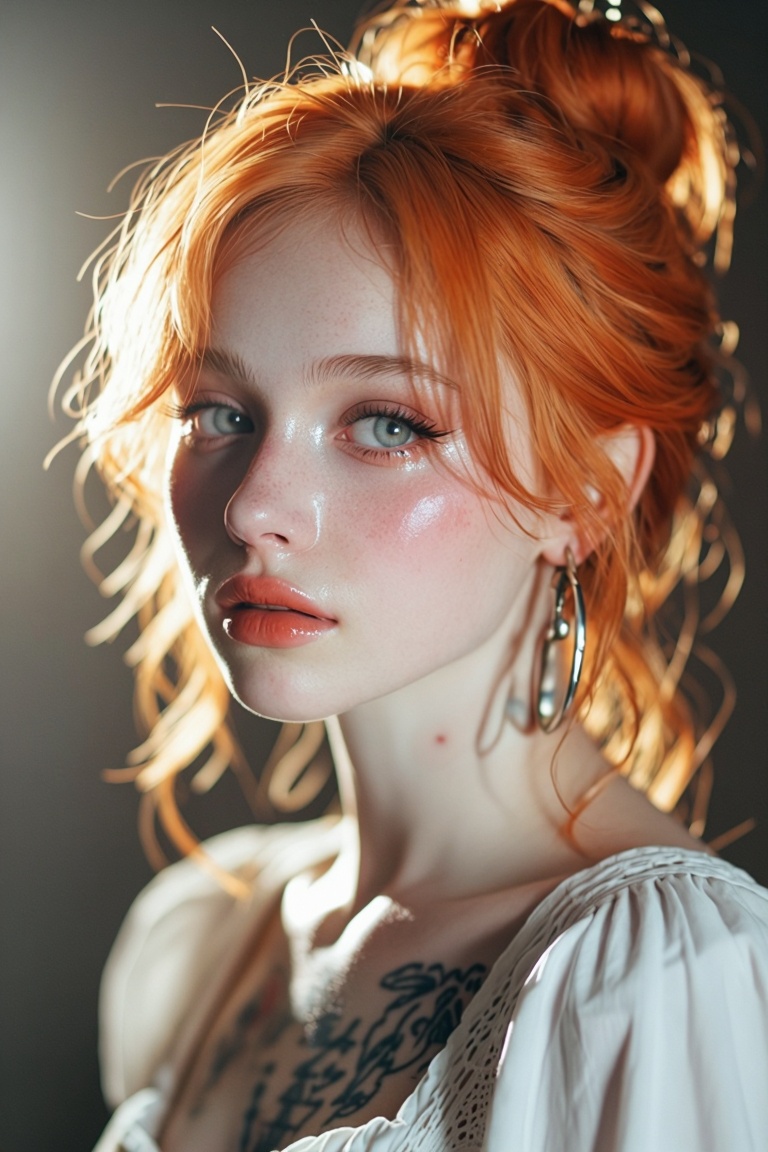 [Subject] The image depicts a person with striking orange hair styled in a messy bun. The individual has large hoop earrin...