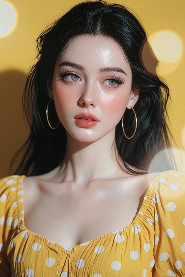 [Subject] The image features a stylized illustration of a woman with long black hair,  wearing large gold hoop earrings an...