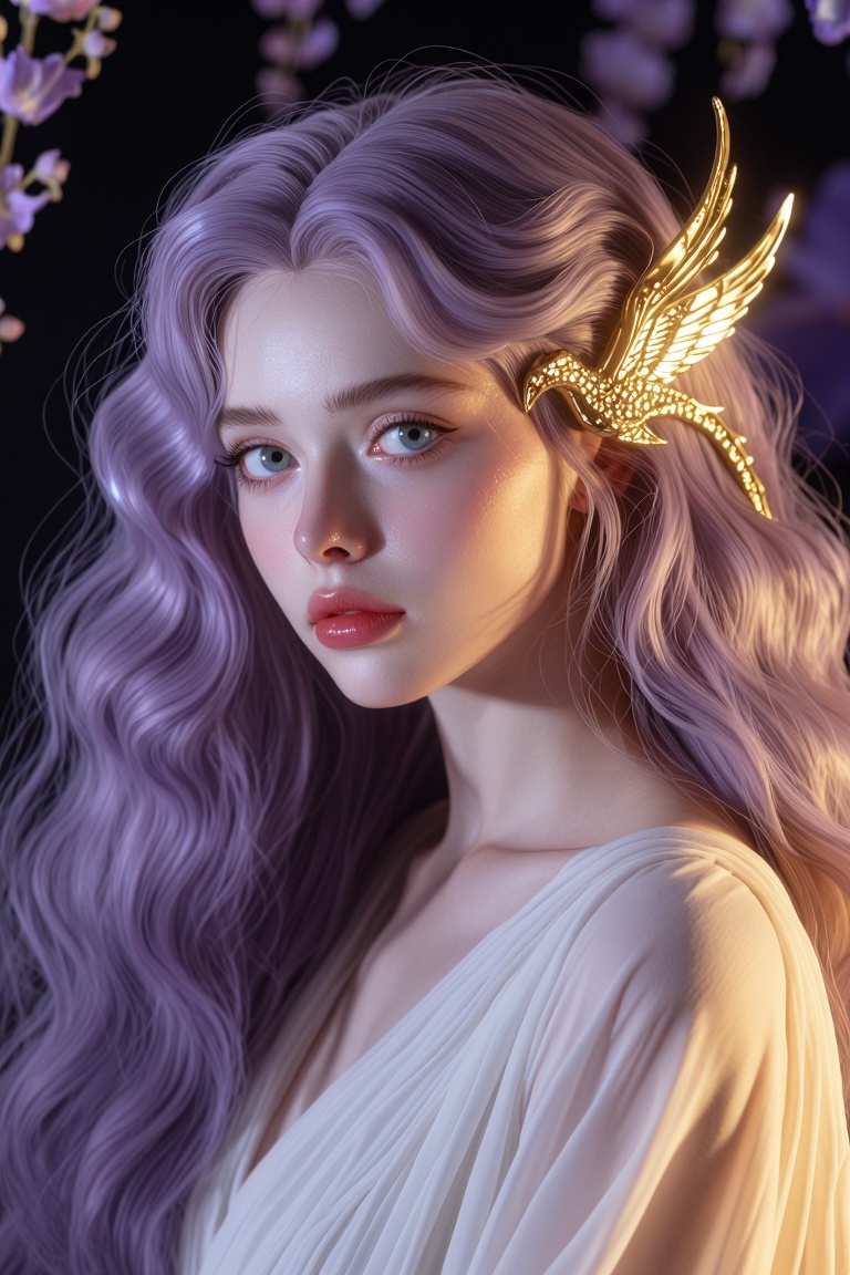 [Subject] The image depicts a highly stylized and ethereal figure with a pale,  almost lavender complexion. The figure has...