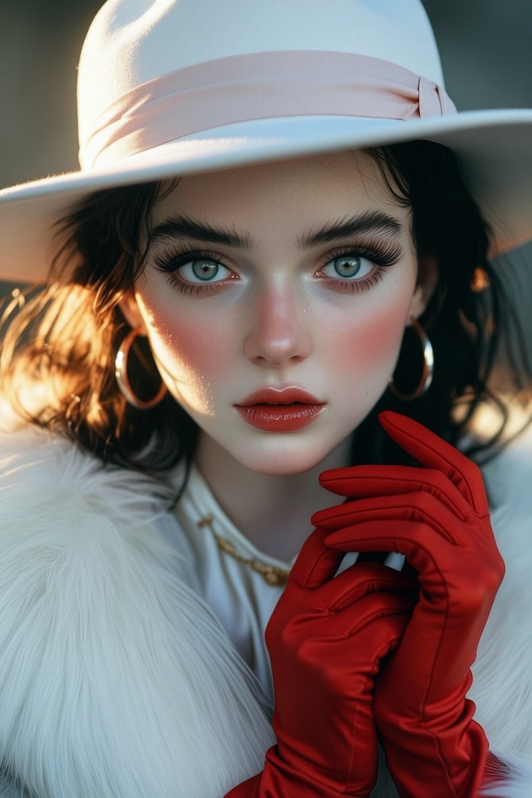 [Subject] The image features a person wearing a wide-brimmed white hat with a light pink band. The individual has striking...