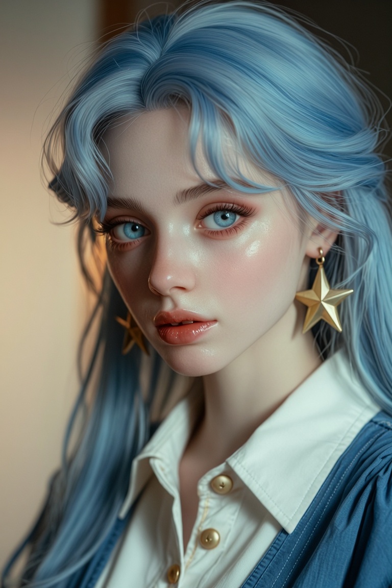[Subject] The image shows a person with striking blue hair,  styled in a playful manner with one side dyed blonde. The ind...