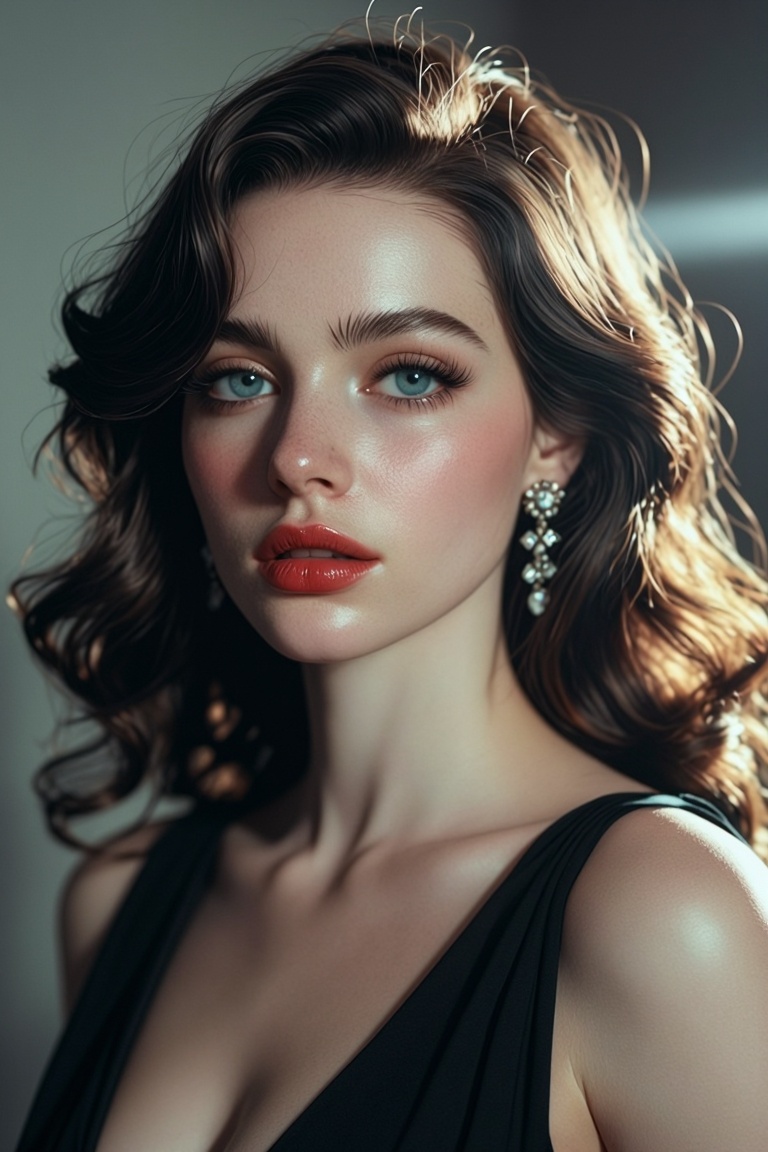 [Subject] The image depicts a woman with long,  wavy brown hair styled in a classic,  elegant manner. She is wearing a bla...