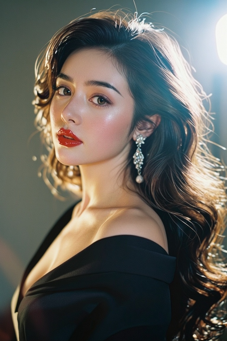 [Subject] The image depicts a woman with long,  wavy brown hair styled in a classic,  elegant manner. She is wearing a bla...