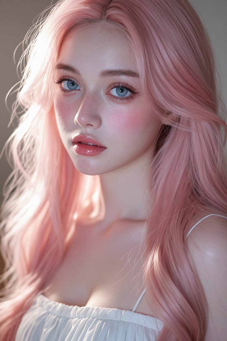 [Subject] The image depicts a highly detailed digital artwork of a young woman with long,  wavy,  light pink hair. She has...