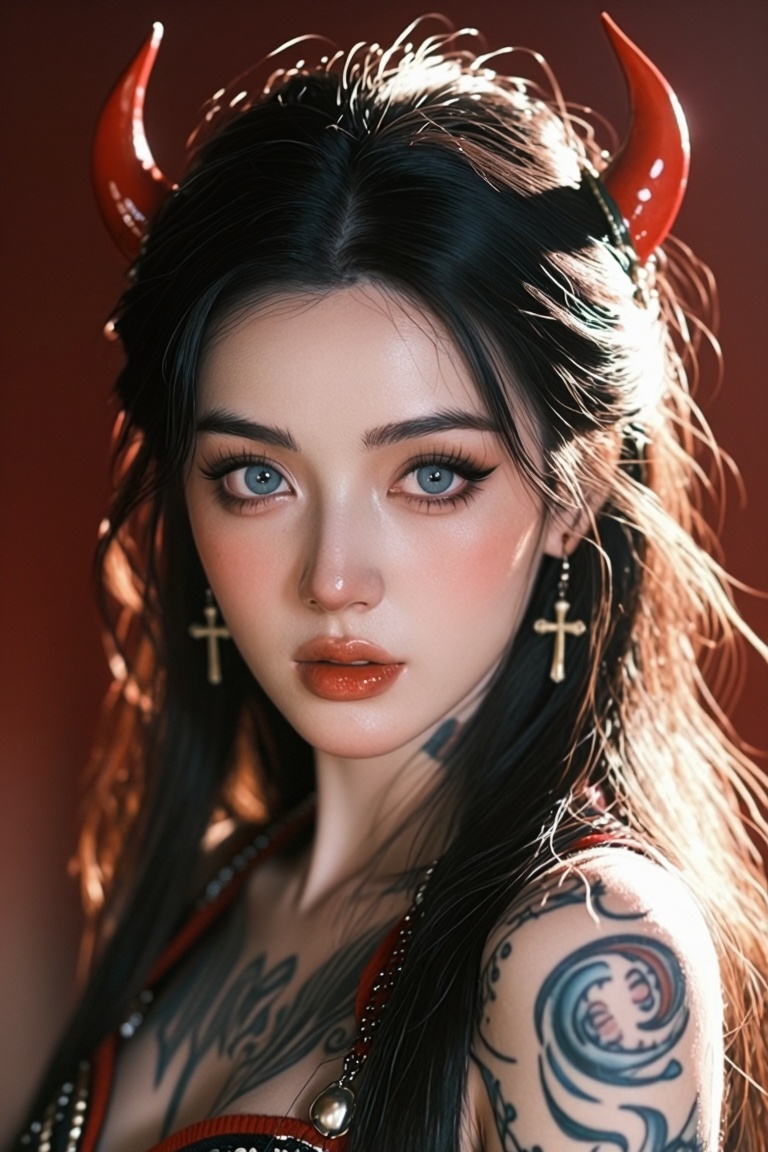 [Subject] The image depicts a person with long black hair and red horns,  styled in a dramatic fashion. They are wearing a...