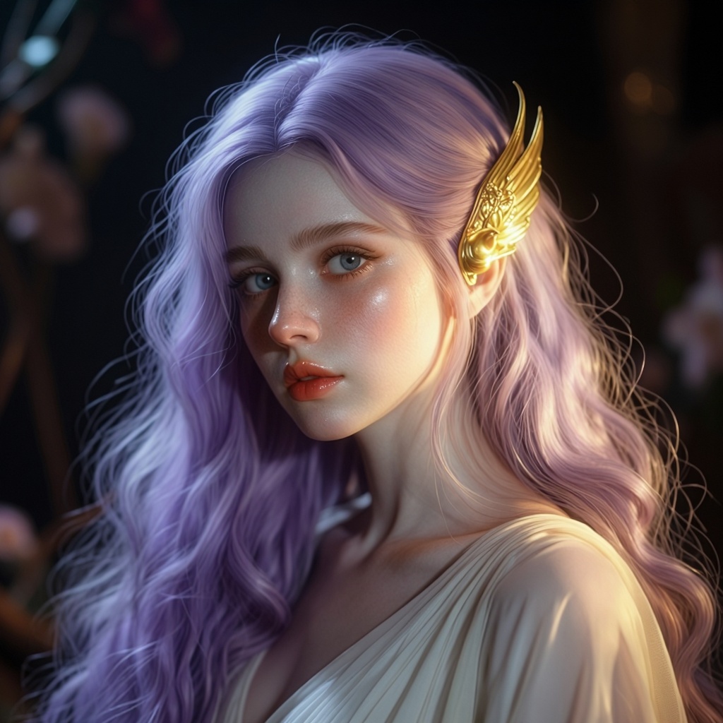 [Subject] The image depicts a highly stylized and ethereal figure with a pale,  almost lavender complexion. The figure has...