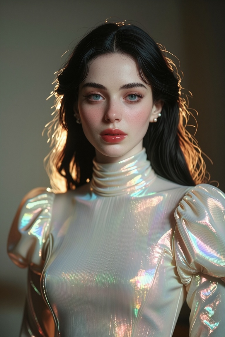 [Subject] The image depicts a digitally rendered figure with a striking appearance. The person is wearing a high-necked,...