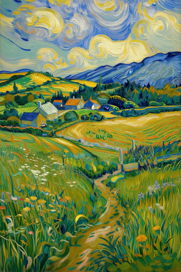 Create a painting set in rural England during 1960,  inspired by the expressive brushwork and vibrant colors of Vincent va...