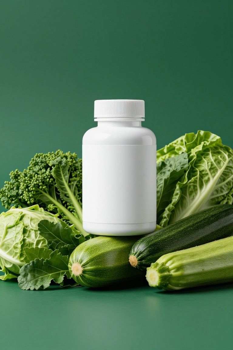 A health supplement bottle with a empty white label in the front center of a pile of fresh green vegetables (broccoli,  ca...