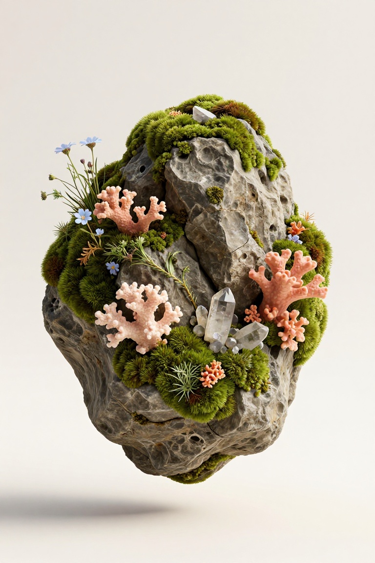 A 3D fragment of rugged limestone floating in mid-air,  covered with green moss,  pale pink and orange corals on Tensor.Art