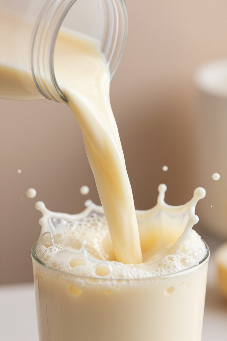 macro photography,  extreme close-up of a powerful stream of thick,  creamy vanilla whey protein pouring from a sleek on T...