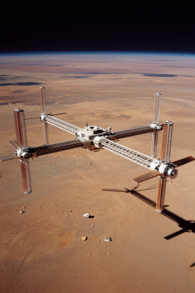 A gigantic megastructure space station in the shape of an electric bridge,  hovering above the Martian surface,  photograp...