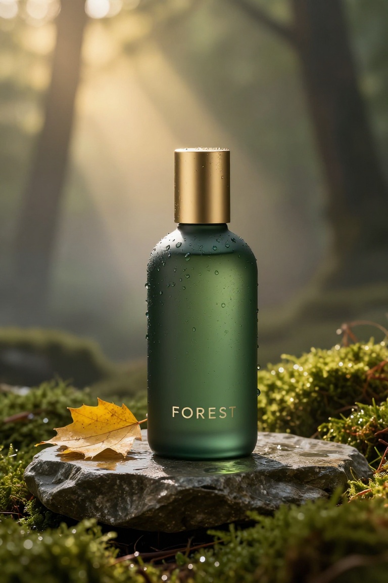 a matte dark green glass product bottle with gold accents,  lightly covered in realistic water droplets,  placed on a smoo...