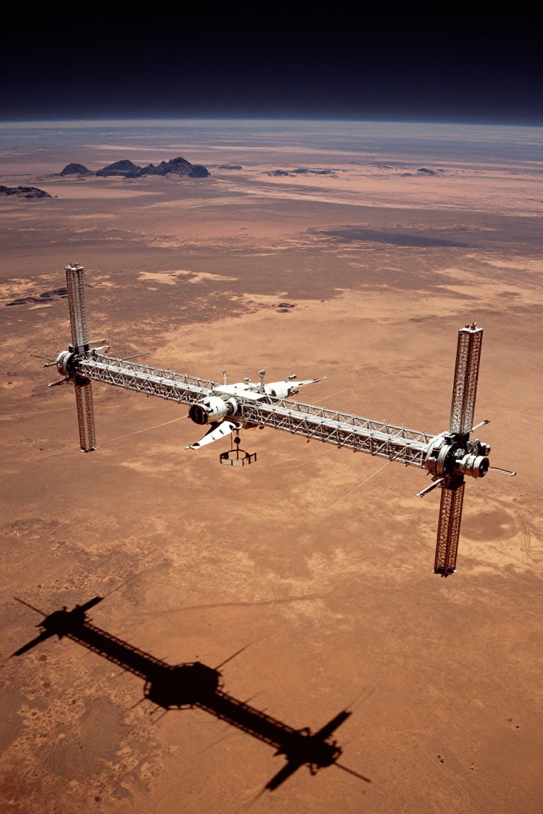 A gigantic megastructure space station in the shape of an electric bridge,  hovering above the Martian surface,  photograp...