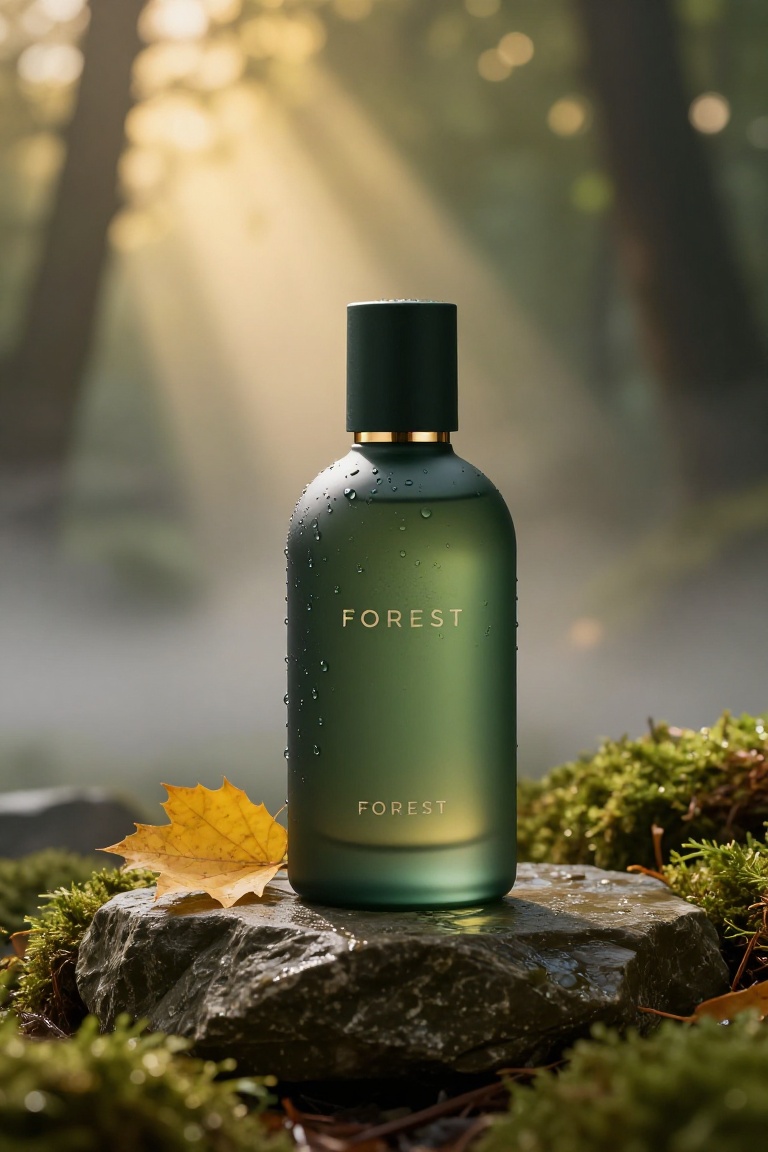 a matte dark green glass product bottle with gold accents,  lightly covered in realistic water droplets,  placed on a smoo...