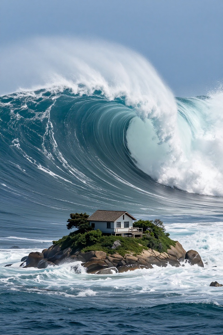 photo of a 50m high wave tsunami about to hit a small island with a Small mansion on it,  close to the house --ar 9:16 --v...