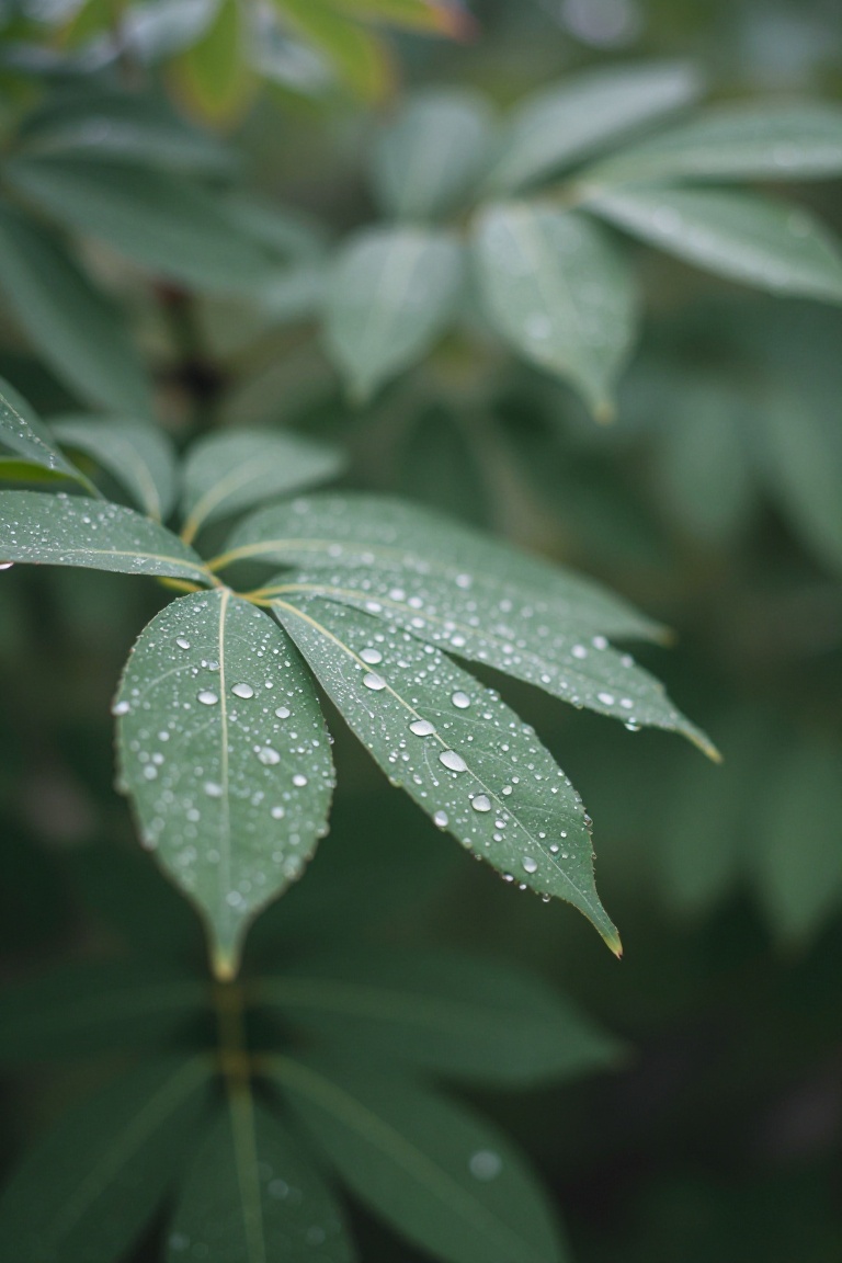 Create a scene where delicate morning dew forms tiny droplets on the leaves of the talas tree,  set within a lush forest e...