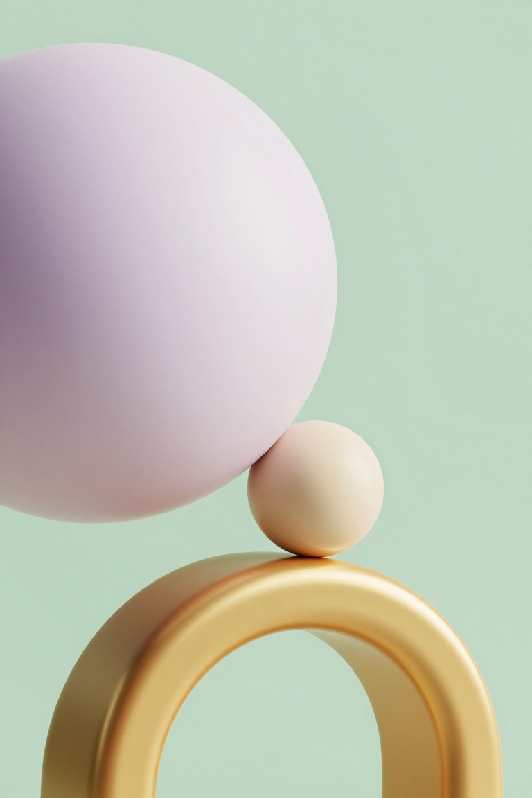 A light beige sphere rolling on the edge of an abstract golden arch,  a giant pastel sphere,  minimalist sculptural forms...