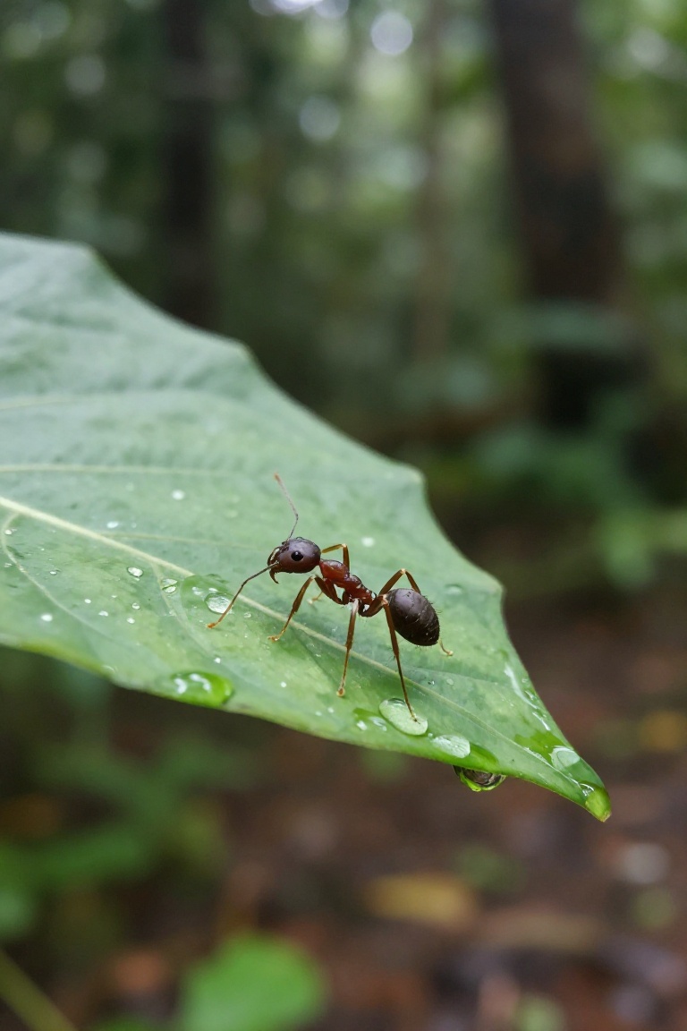 A tiny ant drinks droplets of rain on a leaf of taro in a forest setting. The scene is captured in a soft,  blurred backgr...
