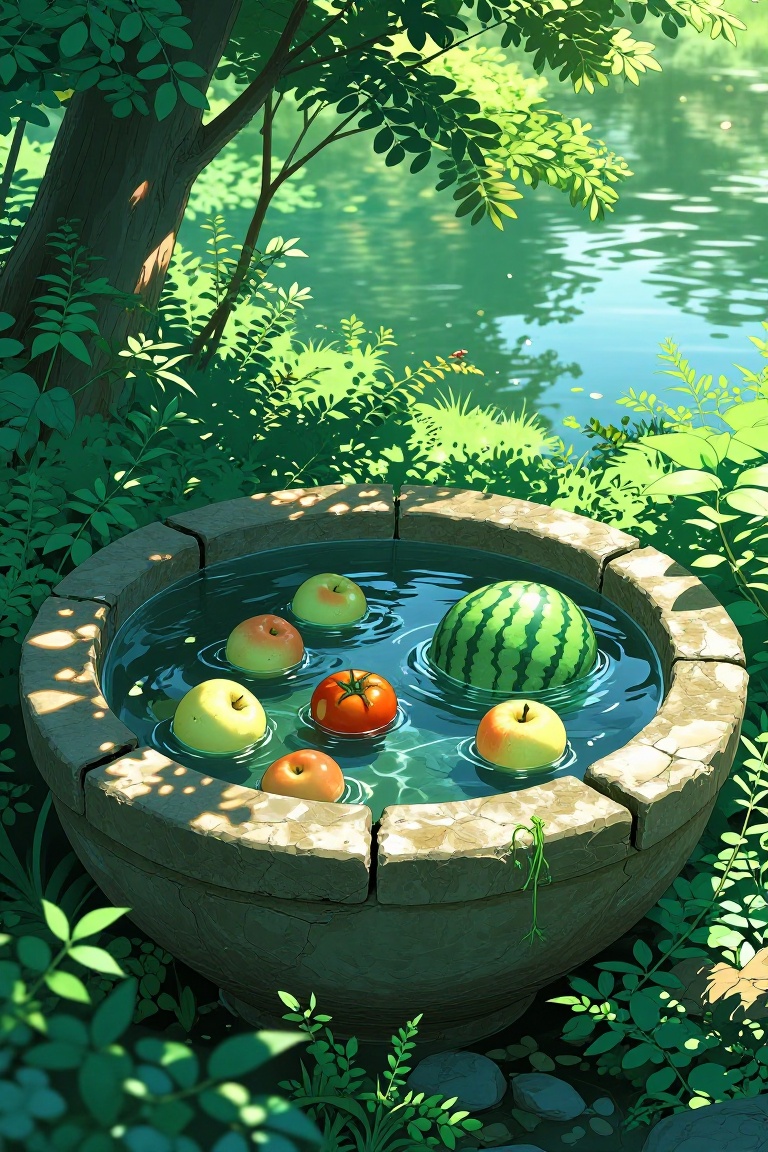 The image depicts a stone basin filled with water,  surrounded by lush greenery. On the water's surface,  there are severa...