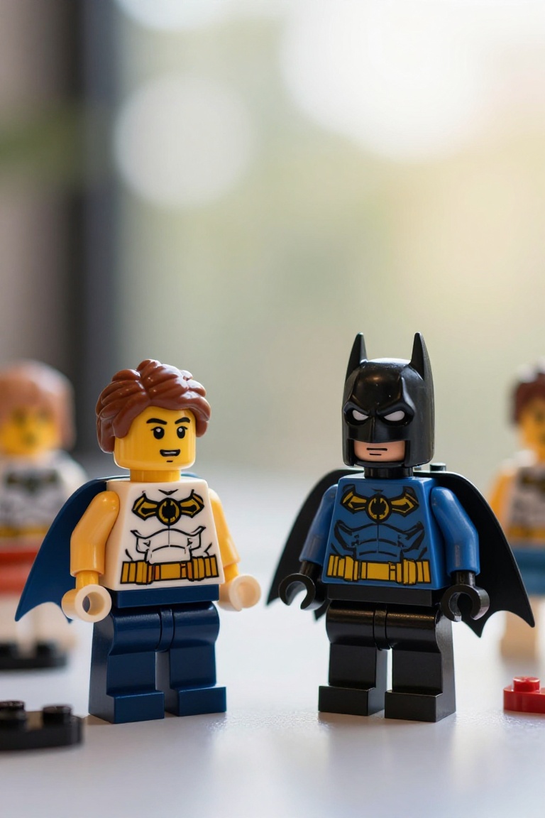 Capture a playful scene featuring Lego Batman toys against a soft,  blurred background with bokeh effects. Use natural lig...