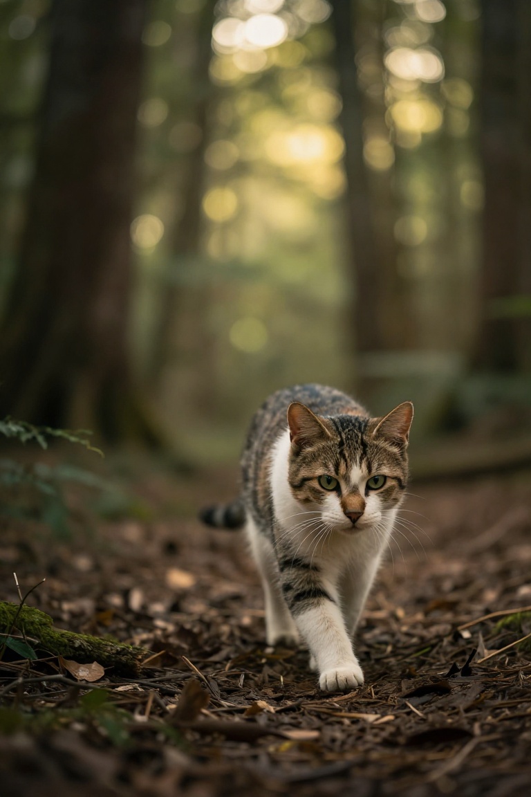 Create a scene featuring a cat wandering through a dense forest. Use a bokeh theme to blur the background,  focusing atten...