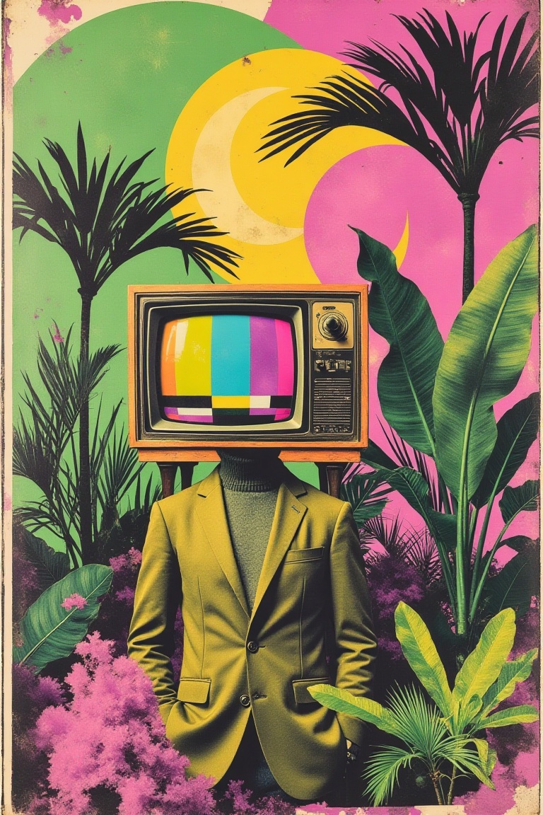 A minimalist graphic art poster in retro 1960s style featuring a man standing in a stylized jungle environment,  his head...