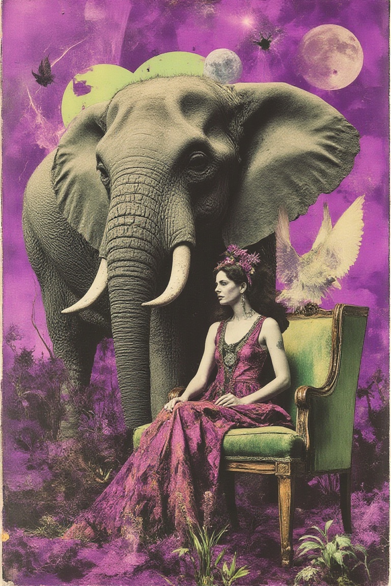 A woman sitting on a armchair next to a elephant against a background. art poster,  collage on Tensor.Art