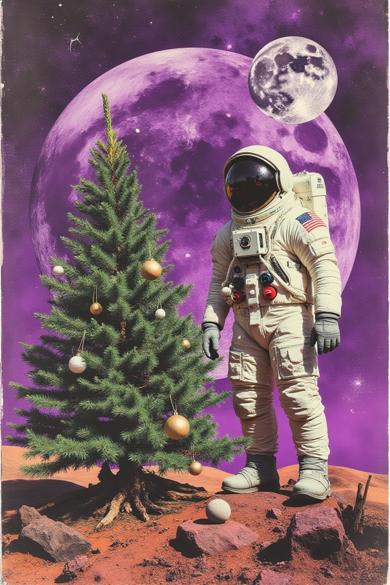 christmas tree and cosmonaut in mars,  collage on Tensor.Art