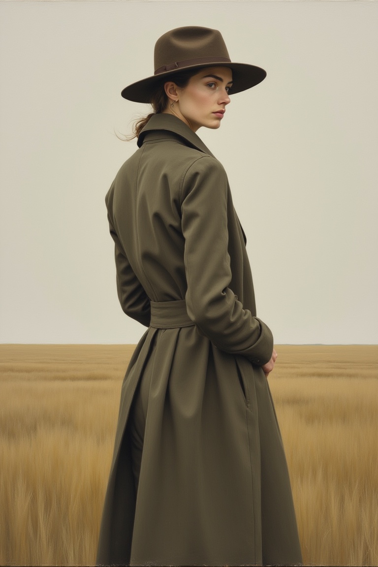 A woman partially turned away,  wearing modern layered clothing and a structured hat,  stands in quiet repose within a mut...