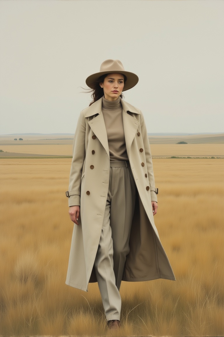 A modern modest woman walks calmly through an open rural landscape,  wearing a long minimalist trench coat,  high-neck top...