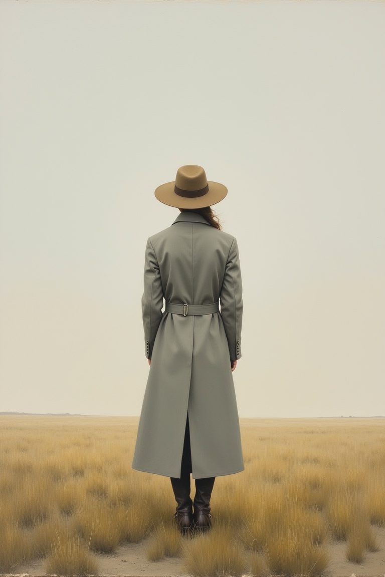 Back view of a woman in a long coat and wide-brim hat standing in an open,  windswept field,  her silhouette framed agains...