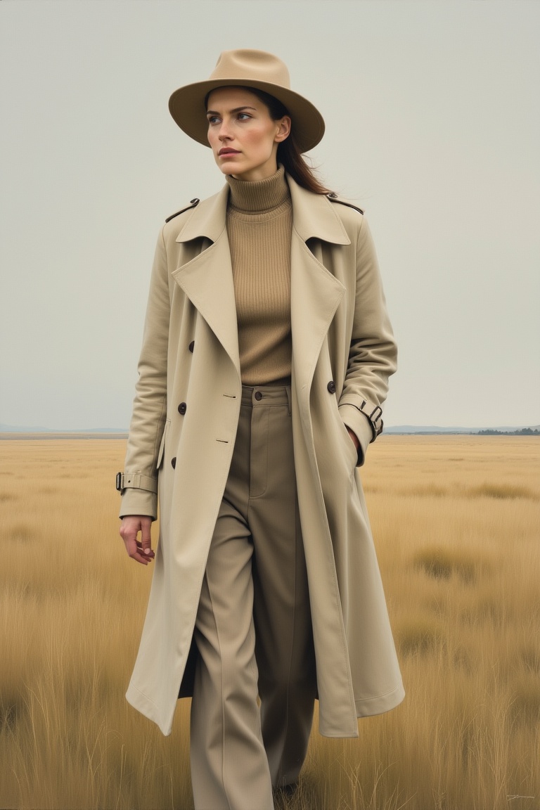 A modern modest woman walks calmly through an open rural landscape,  wearing a long minimalist trench coat over a high-nec...