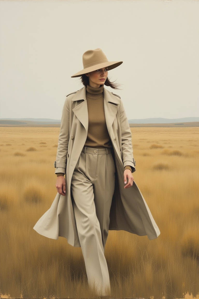 A modern modest woman walks calmly through an open rural landscape,  wearing a long minimalist trench coat,  high-neck top...