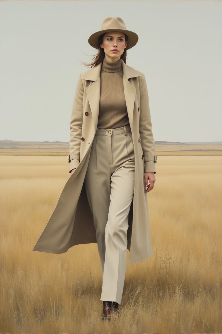 A modern modest woman walks calmly through an open rural landscape,  wearing a long minimalist trench coat over a high-nec...