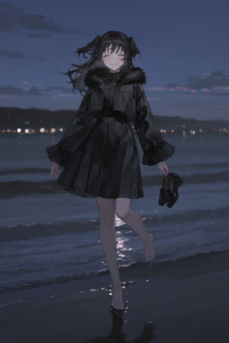 1girl,  black frilled pleated skirt,  black fur-trimmed jacket on Tensor.Art