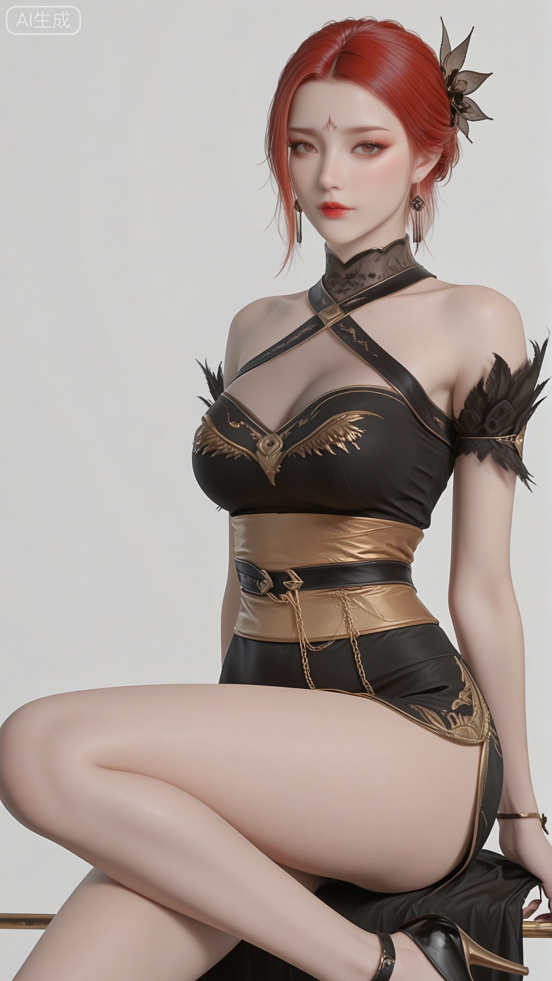 YF clothes, solo, exquisite skin, high heels, sitting, cowboy_shot, looking at viewer, even illumination, very awa, simple background,