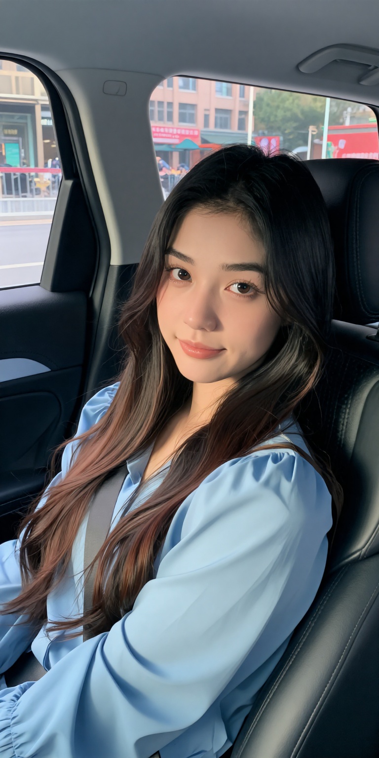a young woman sitting in the driver's seat of a car,  looking directly at the camera with a slight smile. she has long,  w...