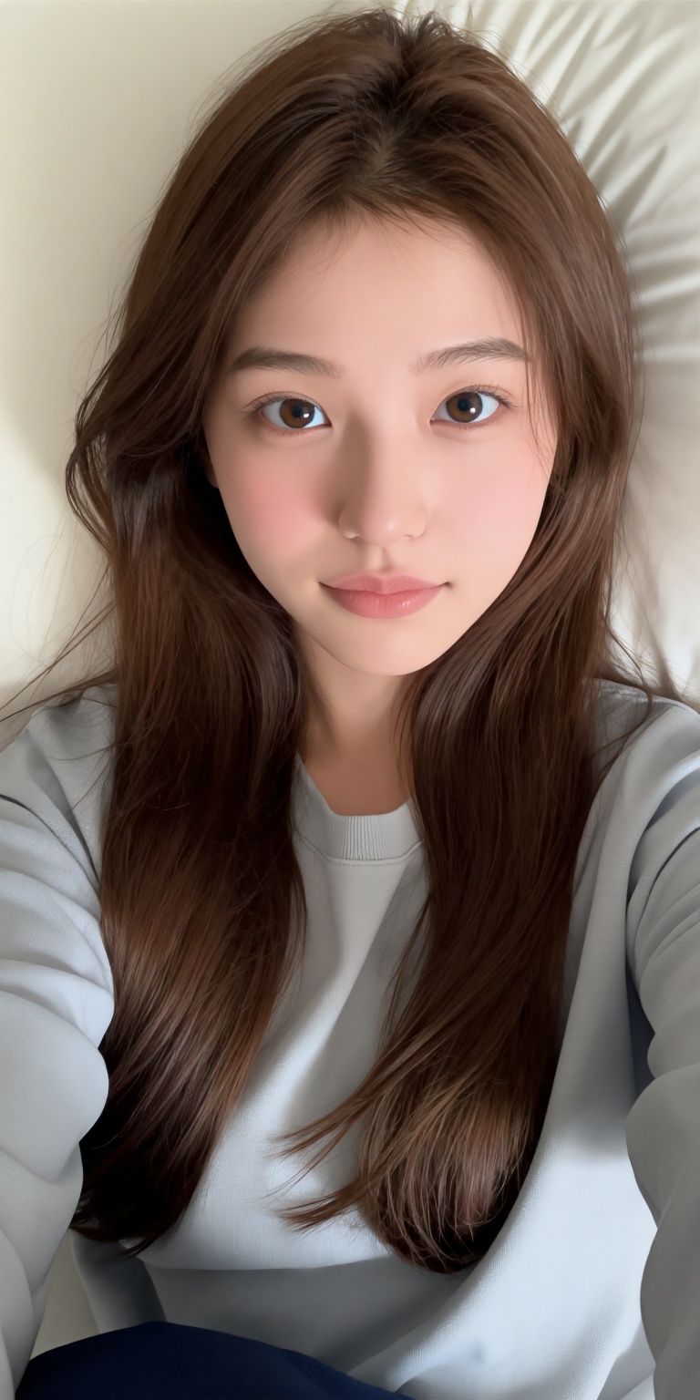 a photo-realistic portrait of a young woman taken from a selfie angle,  looking directly at the camera with a neutral expr...
