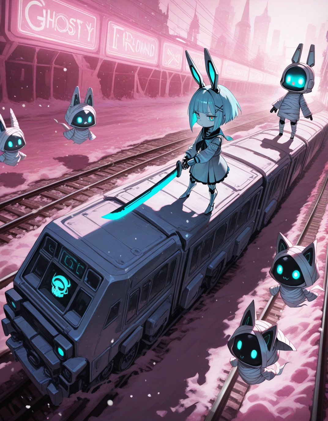A masterpiece,  best-quality,  ultra-detailed surreal sci-fi–fantasy illustration blending SCI-FI × Ancient Egypt × Railwa...