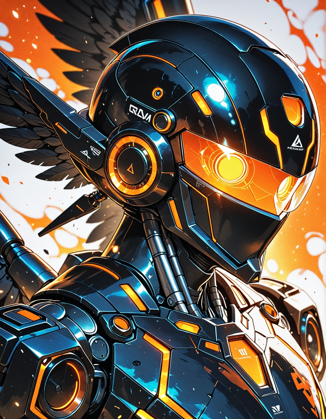 a vibrant orange and black robot is soaring through the air. The robot is adorned with a black helmet,  a black body,  and...