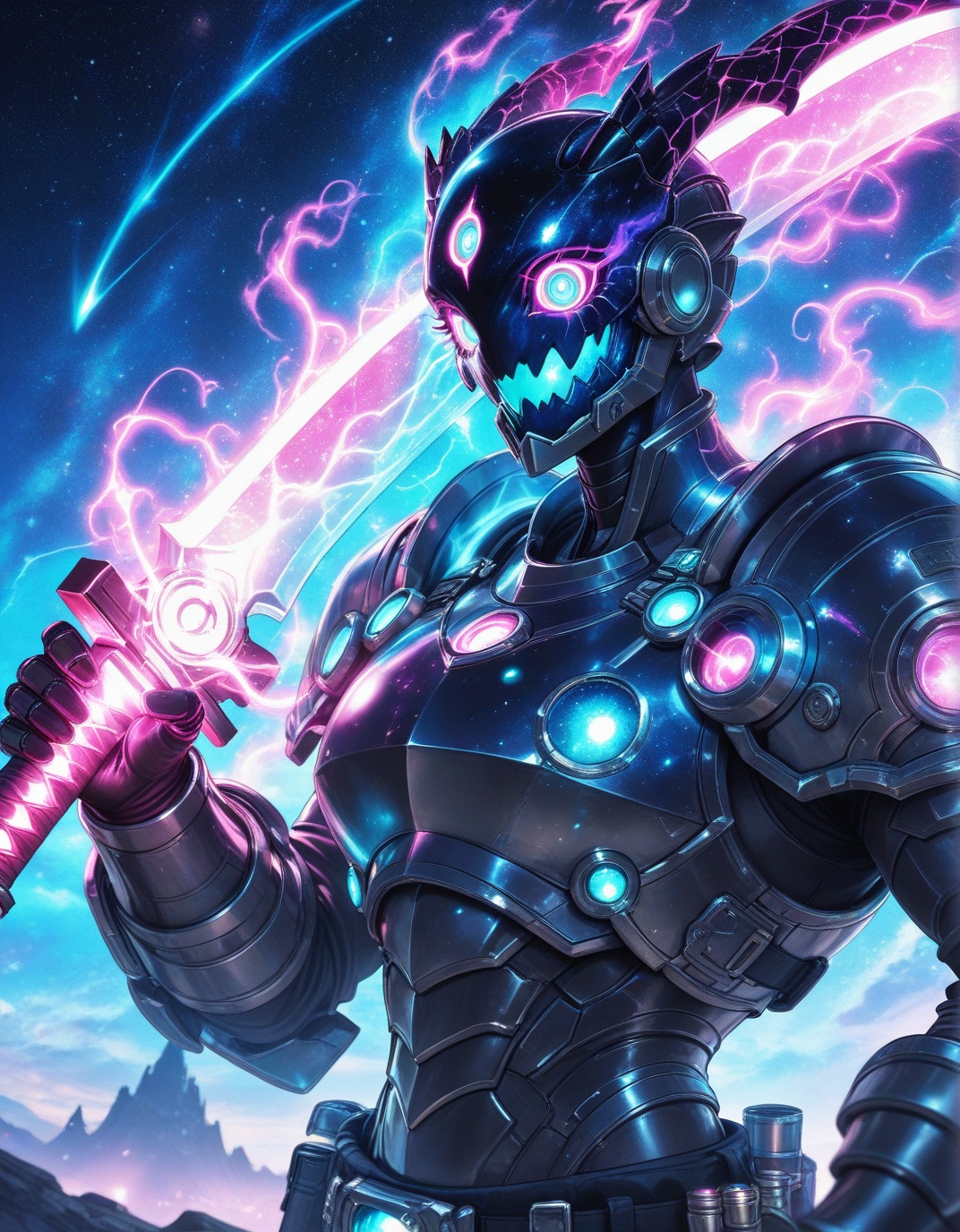 A mysterious creature made of light (big eyes,  use big sword with two hand) with a very strong Mechanic armor and storing...