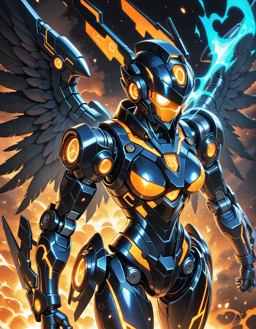 a vibrant orange and black robot is soaring through the air. The robot is adorned with a black helmet,  a black body,  and...