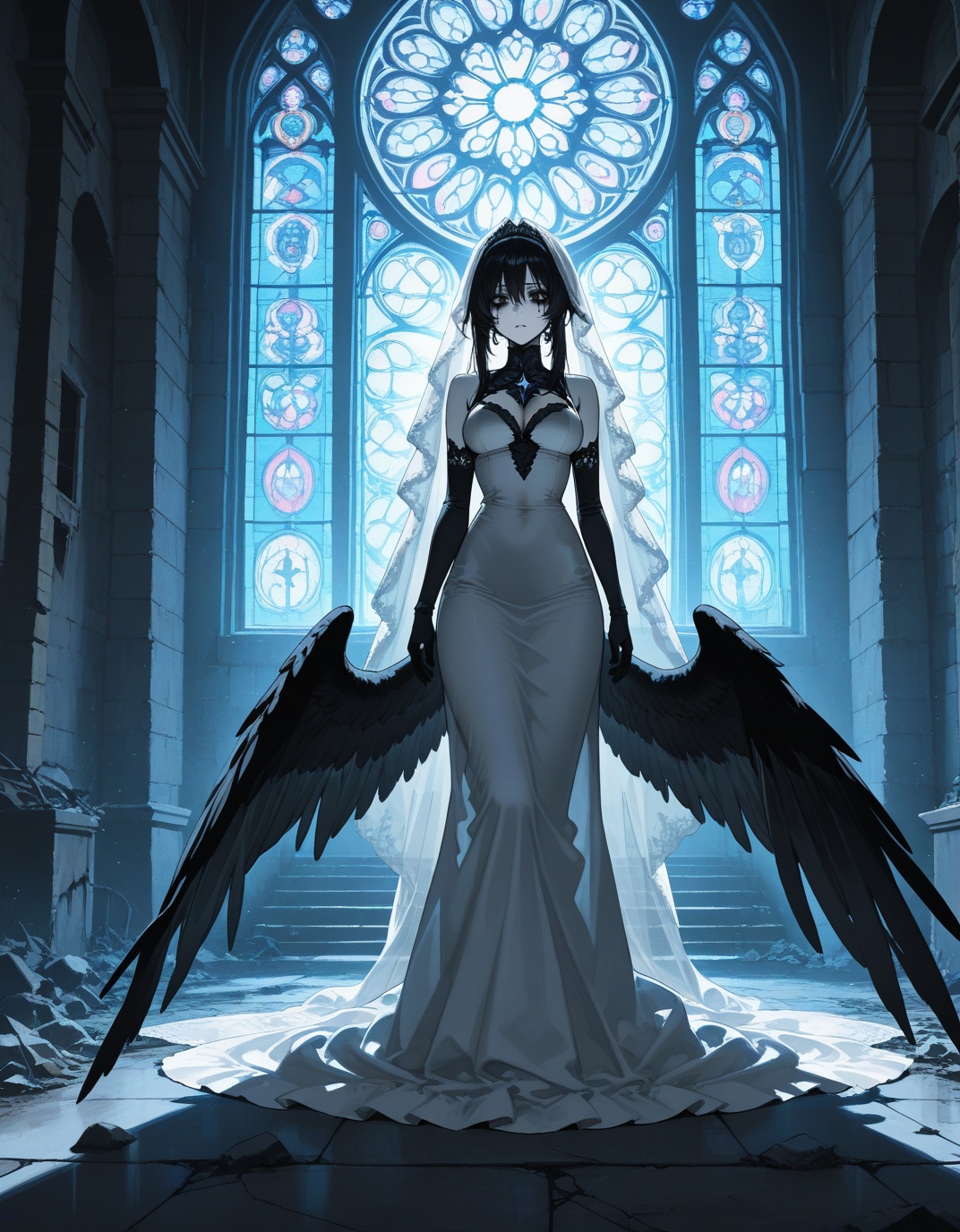 In a forgotten,  abandoned church shrouded in misty fog,  a tattered bride weeps uncontrollably as her worn-out dress clin...